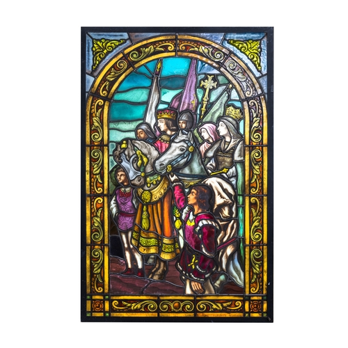 7 - A PAIR OF CONTINENTAL STAINED GLASS PANELS EARLY 20TH CENTURY,   depicting the arrival of Christophe... 