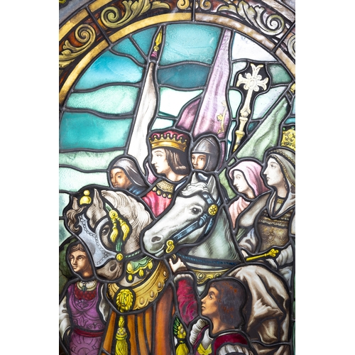 7 - A PAIR OF CONTINENTAL STAINED GLASS PANELS EARLY 20TH CENTURY,   depicting the arrival of Christophe... 