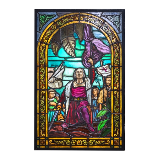 7 - A PAIR OF CONTINENTAL STAINED GLASS PANELS EARLY 20TH CENTURY,   depicting the arrival of Christophe... 