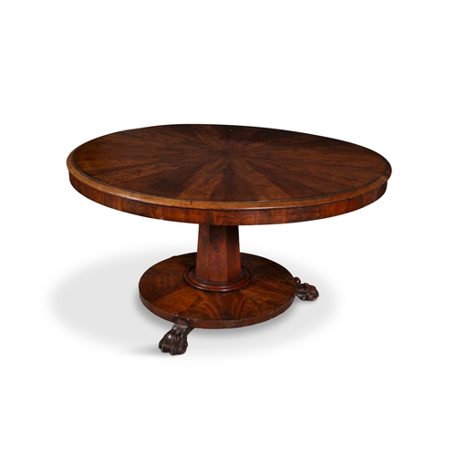 70 - A WILLIAM IV MAHOGANY RADIALLY VENEERED BREAKFAST TABLE,   the circular top, raised on octagonal cen... 