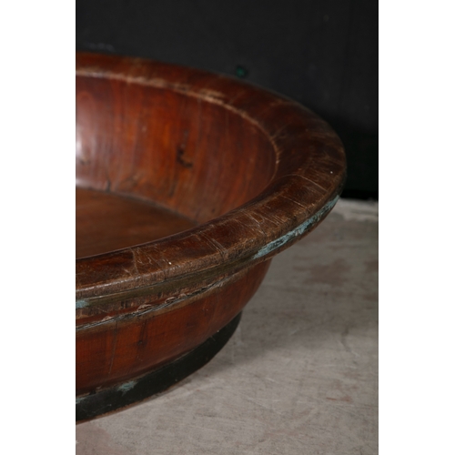 83A - A PAIR OF CHINESE STAINED WOOD AND BRASS BOUND CIRCULAR BASINS,    76cm diameter