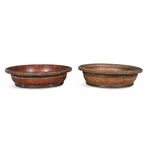 83A - A PAIR OF CHINESE STAINED WOOD AND BRASS BOUND CIRCULAR BASINS,    76cm diameter