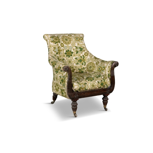 84 - A REGENCY MAHOGANY FRAMED LIBRARY ARMCHAIR,   with lyre shape out-scrolling arms, upholstered in a g... 