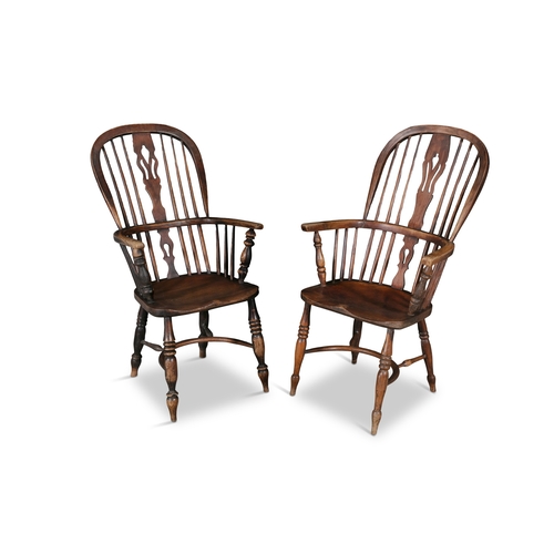 89 - A SET OF EIGHT ELM AND WILLOW WINDSOR ARMCHAIRS 19TH CENTURY,  each with arched openwork back with c... 