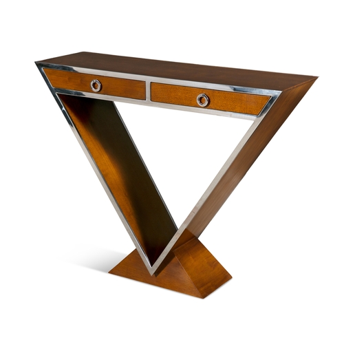 112 - CONSOLE TABLE  A chrome and teak console table with two drawers. 100 x 32 x 80cm(h)