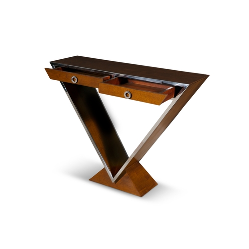 112 - CONSOLE TABLE  A chrome and teak console table with two drawers. 100 x 32 x 80cm(h)