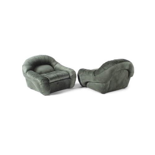 140 - LOUNGE CHAIRS  A pair of vintage oversized Italian lounge chairs in forest green velvet. 103 x 113 x... 