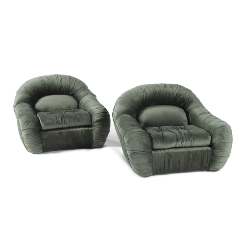 140 - LOUNGE CHAIRS  A pair of vintage oversized Italian lounge chairs in forest green velvet. 103 x 113 x... 