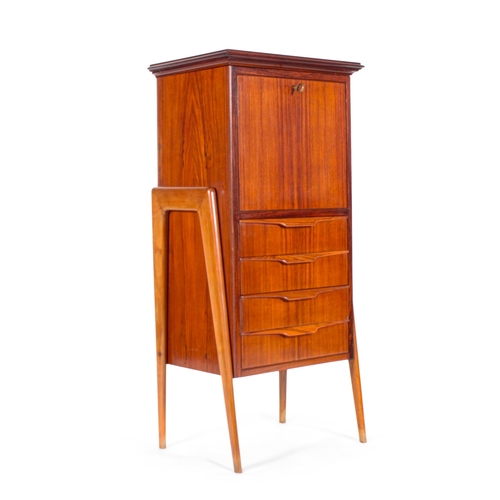 155 - DRINKS CABINET  A rosewood drinks cabinet with four drawers. Drop leaf door with mirror interior. It... 