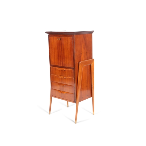 155 - DRINKS CABINET  A rosewood drinks cabinet with four drawers. Drop leaf door with mirror interior. It... 