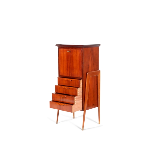 155 - DRINKS CABINET  A rosewood drinks cabinet with four drawers. Drop leaf door with mirror interior. It... 