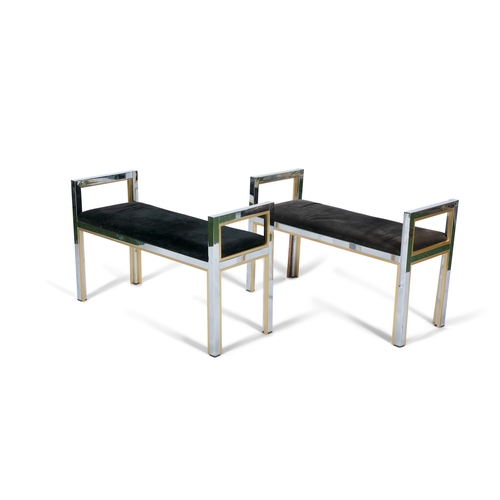 16 - BENCHES  A pair of gilt metal and chrome upholstered benches. c.1970, Italy. 99.5 x 40 x 65cm(h); se... 