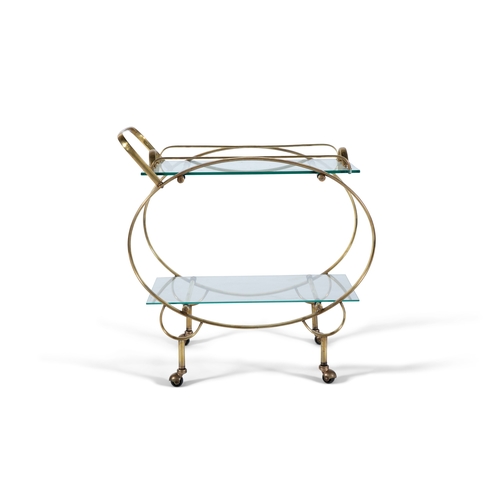 160 - DRINKS TROLLEY  A gilt metal two-tier drinks trolley with glass tops on castors. With removable tray... 