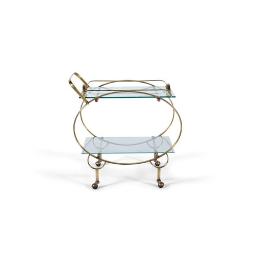 160 - DRINKS TROLLEY  A gilt metal two-tier drinks trolley with glass tops on castors. With removable tray... 