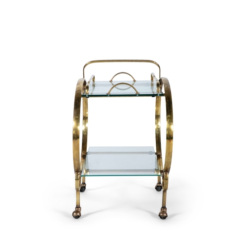 160 - DRINKS TROLLEY  A gilt metal two-tier drinks trolley with glass tops on castors. With removable tray... 