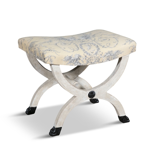 164 - STOOL  White painted X-frame stool, upholstered in Pierre Frey fabric. France, c.1950. 53 x 41 x 45c... 