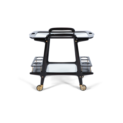 171 - DRINKS TROLLEY  An ebonised wood two-tier drinks trolley with glass tops and removable tray with bra... 