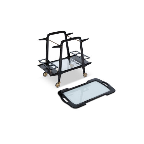 171 - DRINKS TROLLEY  An ebonised wood two-tier drinks trolley with glass tops and removable tray with bra... 