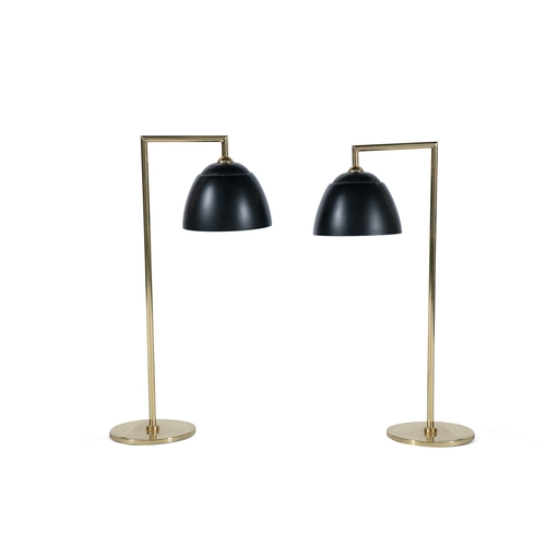 23 - TABLE LAMPS  A pair of gilt metal table lamps with black enamel shades, 71cm(h)