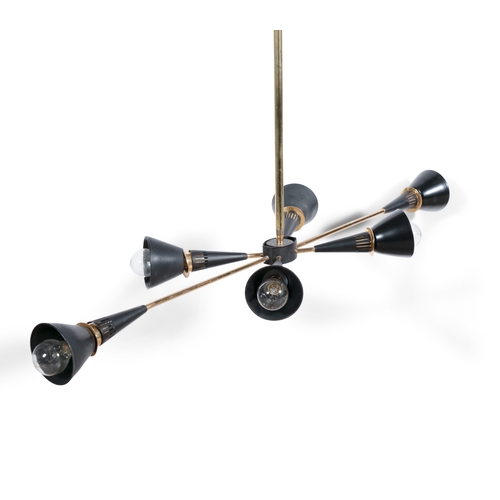 32 - OSCAR TORLASCO  A 6 arm black enamel Lumi sputnik ceiling light attrib. Oscar Torlasco. Italy, c.196... 