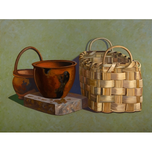 49 - STEPHEN McKENNA, (B.1936)  Basket with Two Bowls (1996) Oil on canvas, 90 x 120cm  Signed; signed da... 