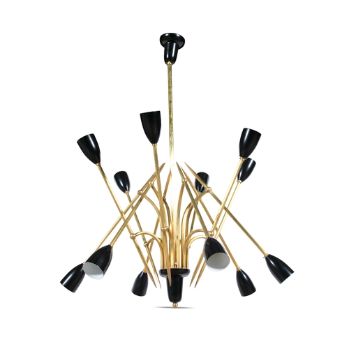 6 - ANGELO BRUTTO A 12 arm black enamel brass ceiling light attributed to Angelo Brutto. Italy, c.1960. ... 