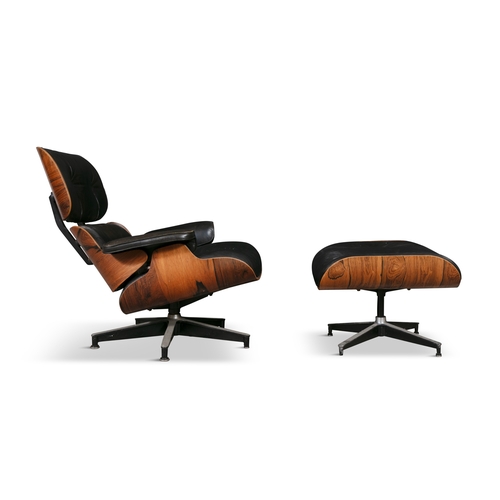 62 - LOUNGE CHAIR  A rosewood lounge chair and footstool by Charles and Ray Eames. c.1970. 85 x 83 x 85cm... 