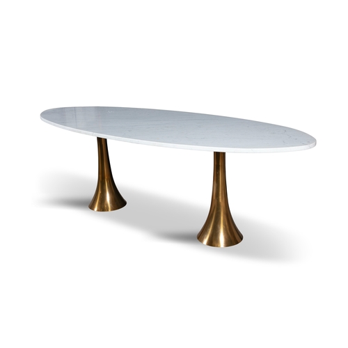 64 - ANGELO MANGIAROTTI (1921 - 2012)  An oval dining table by Angelo Mangariotti on two brass bases with... 