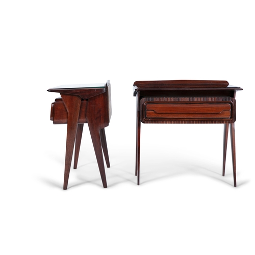 97 - BEDSIDE TABLES  A pair of rosewood bedside tables with glass tops and a single drawer. Italy, c.1960... 