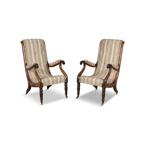 564A - ***ADDITIONAL LOT*** A PAIR OF IRISH GEORGE IV ROSEWOOD LIBRARY CHAIRS BY WILLIAMS AND GIBTON  scrol... 