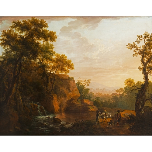 45 - GEORGE BARRET (1732 -1784)  Classical River Landscape with Travellers and a White Horse  Oil on canv... 