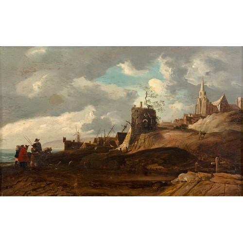49 - WILLIAM SADLER (1782-1839)  Figures by the Shoreline (Tower, Church, Windmill) Oil on board, 39.5 x ... 