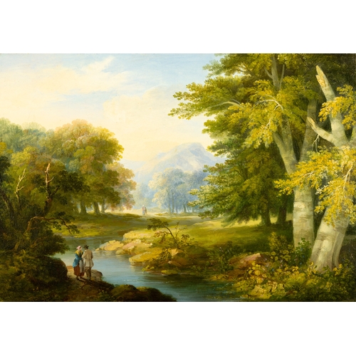 57 - JERMIAH HODGEES MULCAHY RHA (1804-1889) Animated River Landscape, Mountains Beyond Signed on the tre... 