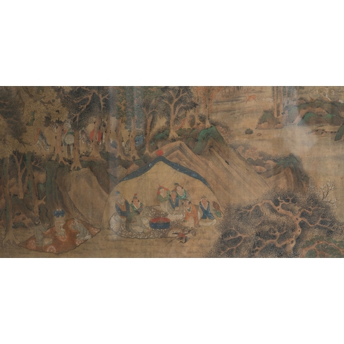 243 - AN INK AND COLOUR SILK HORIZONTAL SCROLL ' HUNTING' PAIINTING, BEARING THE SIGNATURE OF LIU SONG NIA... 