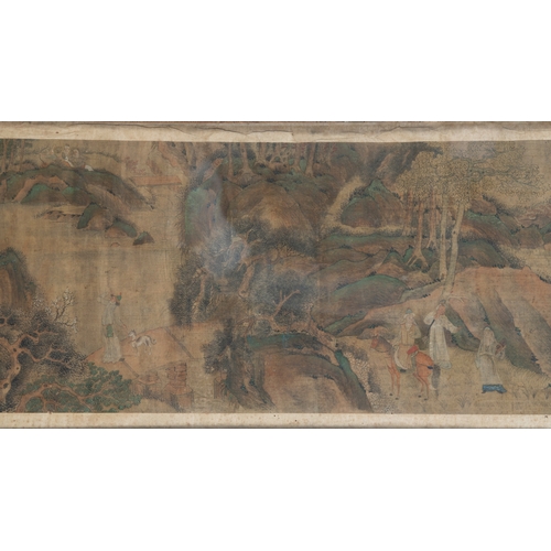 243 - AN INK AND COLOUR SILK HORIZONTAL SCROLL ' HUNTING' PAIINTING, BEARING THE SIGNATURE OF LIU SONG NIA... 