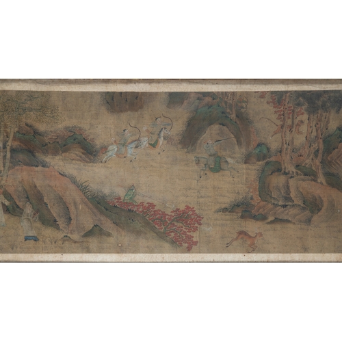 243 - AN INK AND COLOUR SILK HORIZONTAL SCROLL ' HUNTING' PAIINTING, BEARING THE SIGNATURE OF LIU SONG NIA... 