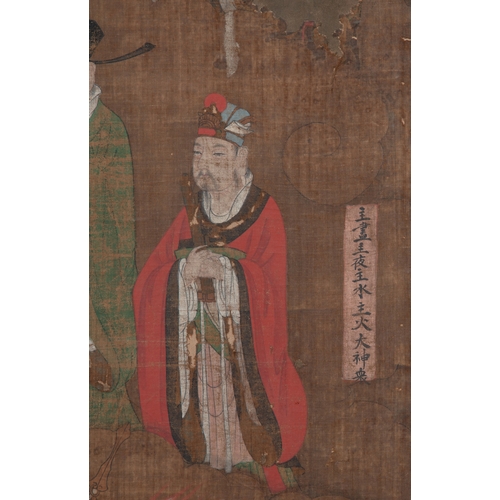 244 - A LARGE TAOIST PAINTING, DATED 1640  崇祯十三年十月内造 宝峰寺 临汾张氏捐绘 道教水陆画  on woven textile of many Taoist dei... 