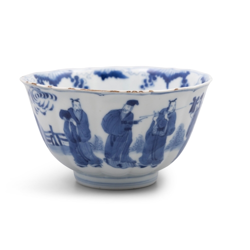 251 - A BLUE AND WHITE PORCELAIN BOWL WITH FOLIATE SHAPED RIM, DEPICTING THE EIGHT IMMORTAL FIGURES, MARK ... 