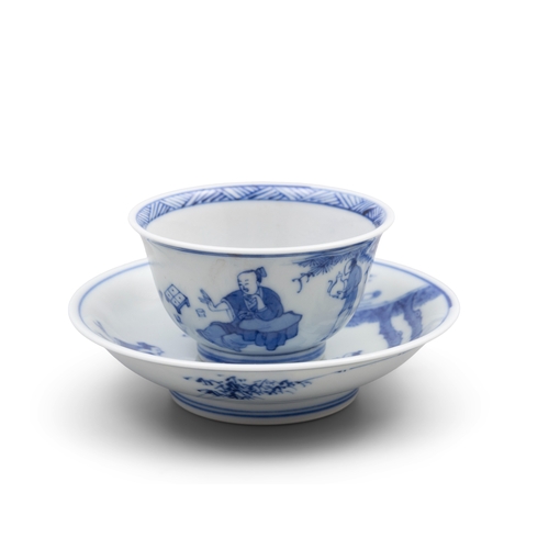 255 - A BLUE AND WHITE TEACUP AND SAUCER SET, MARK CHENG HUA  清康熙  成化款青花下棋图杯碟一套   China, Kangxi period  de... 