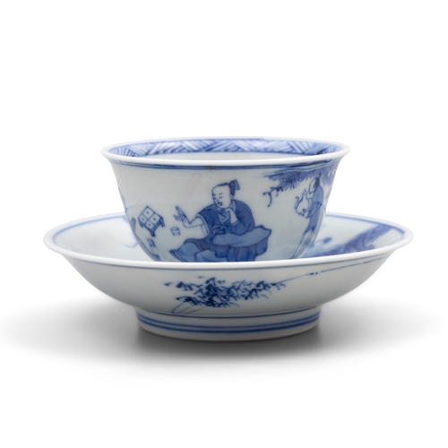 255 - A BLUE AND WHITE TEACUP AND SAUCER SET, MARK CHENG HUA  清康熙  成化款青花下棋图杯碟一套   China, Kangxi period  de... 