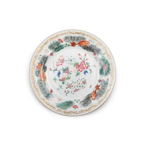 299 - A GROUP OF PORCELAIN PLATES,  Comprising a famille rose plate decorated with carp and floral motif; ... 