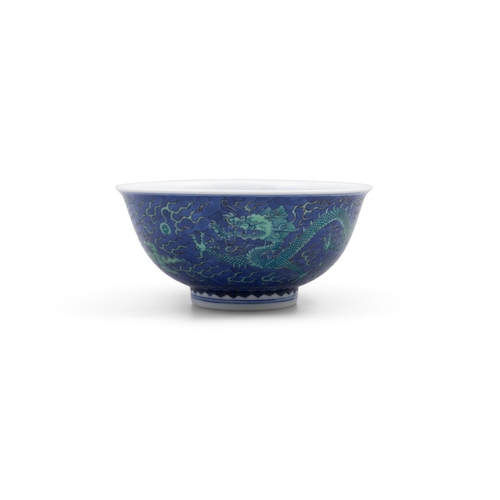 299A - A DOUCAI DRAGON BOWL DECORATED IN BLUE GROUND WITH GREEN ENAMELLED DRAGON, MARK KANGXI   20世纪 康熙款 斗彩... 