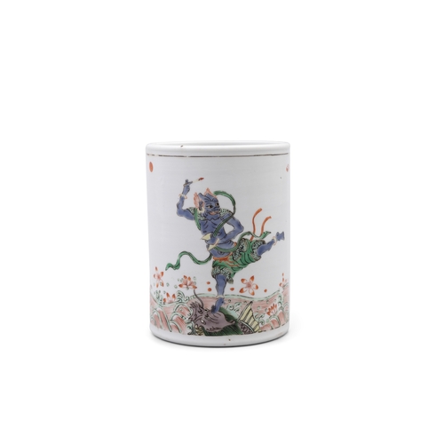 301 - A FAMILLE VERTE 'KUI XING' BRUSH POT,   19世纪 五彩魁星笔筒   China, 19th century   depicting Kui Xing ridin... 