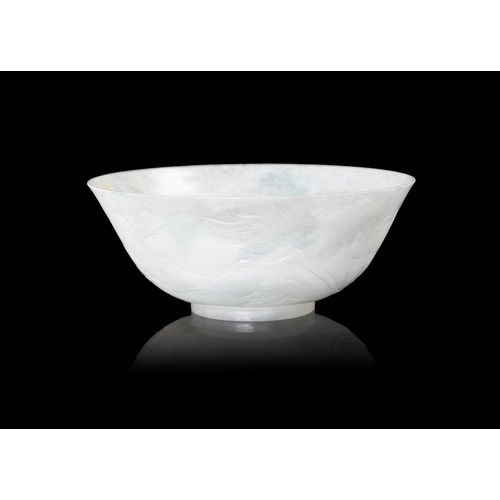 314 - A FINELY CARVED JADEITE BOWL  民国 翡翠芍药花纹碗  China, Republic period (1912-1944)  With shallow curved si... 