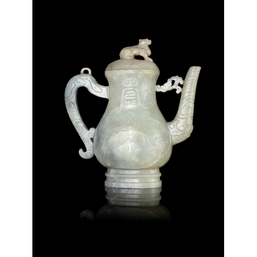 315 - A RARE GREYISH-CELADON JADE PEAR-SHAPED ‘SHOU’ EWER AND COVER  晚明 青玉寿字纹执壶  Late Ming dynasty, 16-17t... 