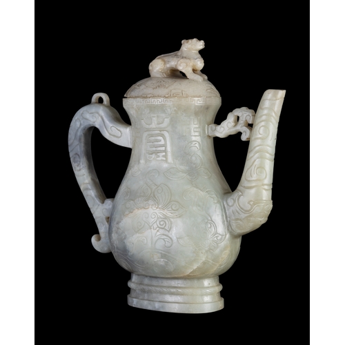 315 - A RARE GREYISH-CELADON JADE PEAR-SHAPED ‘SHOU’ EWER AND COVER  晚明 青玉寿字纹执壶  Late Ming dynasty, 16-17t... 