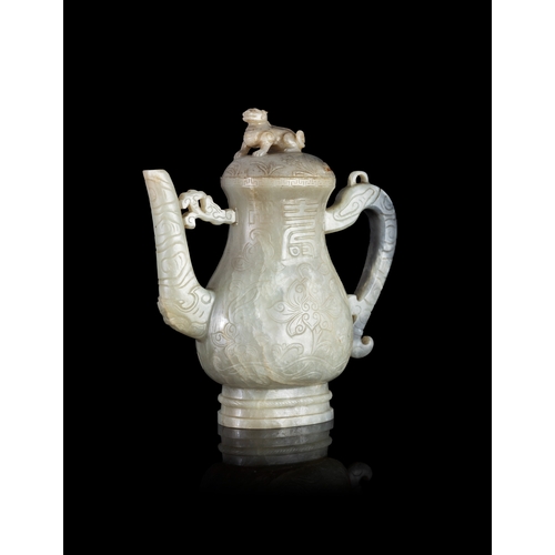 315 - A RARE GREYISH-CELADON JADE PEAR-SHAPED ‘SHOU’ EWER AND COVER  晚明 青玉寿字纹执壶  Late Ming dynasty, 16-17t... 