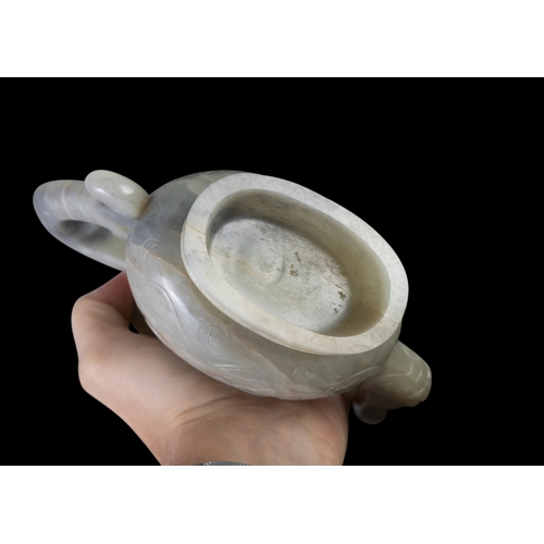 315 - A RARE GREYISH-CELADON JADE PEAR-SHAPED ‘SHOU’ EWER AND COVER  晚明 青玉寿字纹执壶  Late Ming dynasty, 16-17t... 