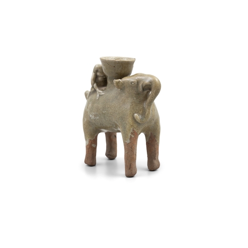 334 - A RARE YUEYAO RIDING ELEPHANT SHAPE LAMP STAND   六朝 越窑青釉骑象灯座   China, Six dynasties (222-589)   H.14... 