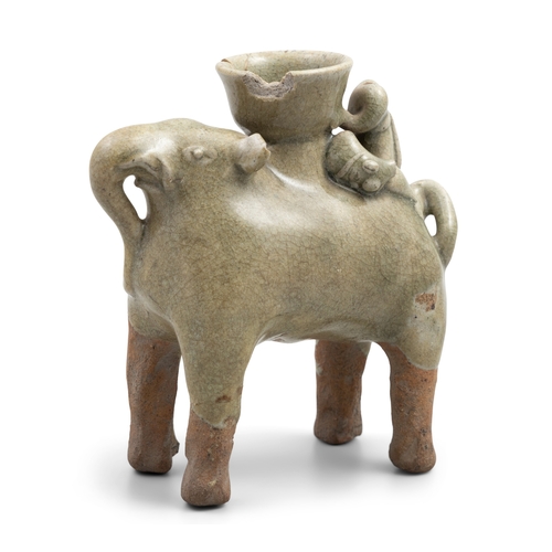 334 - A RARE YUEYAO RIDING ELEPHANT SHAPE LAMP STAND   六朝 越窑青釉骑象灯座   China, Six dynasties (222-589)   H.14... 